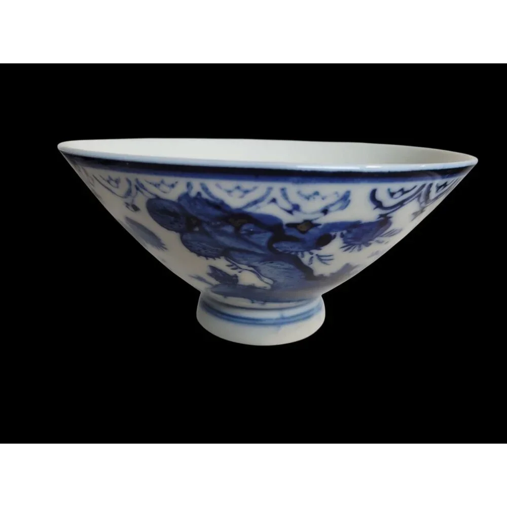 Mid-Century Japanese Sometsuke Rice Bowl  Blue & White Footed Porcelain - Picture 2 of 10